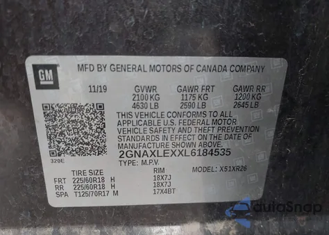 2020 Chevrolet Equinox Fwd Lt 2.0L Turbo из США, поврежденный, VIN 2GNAXLEXXL6184535